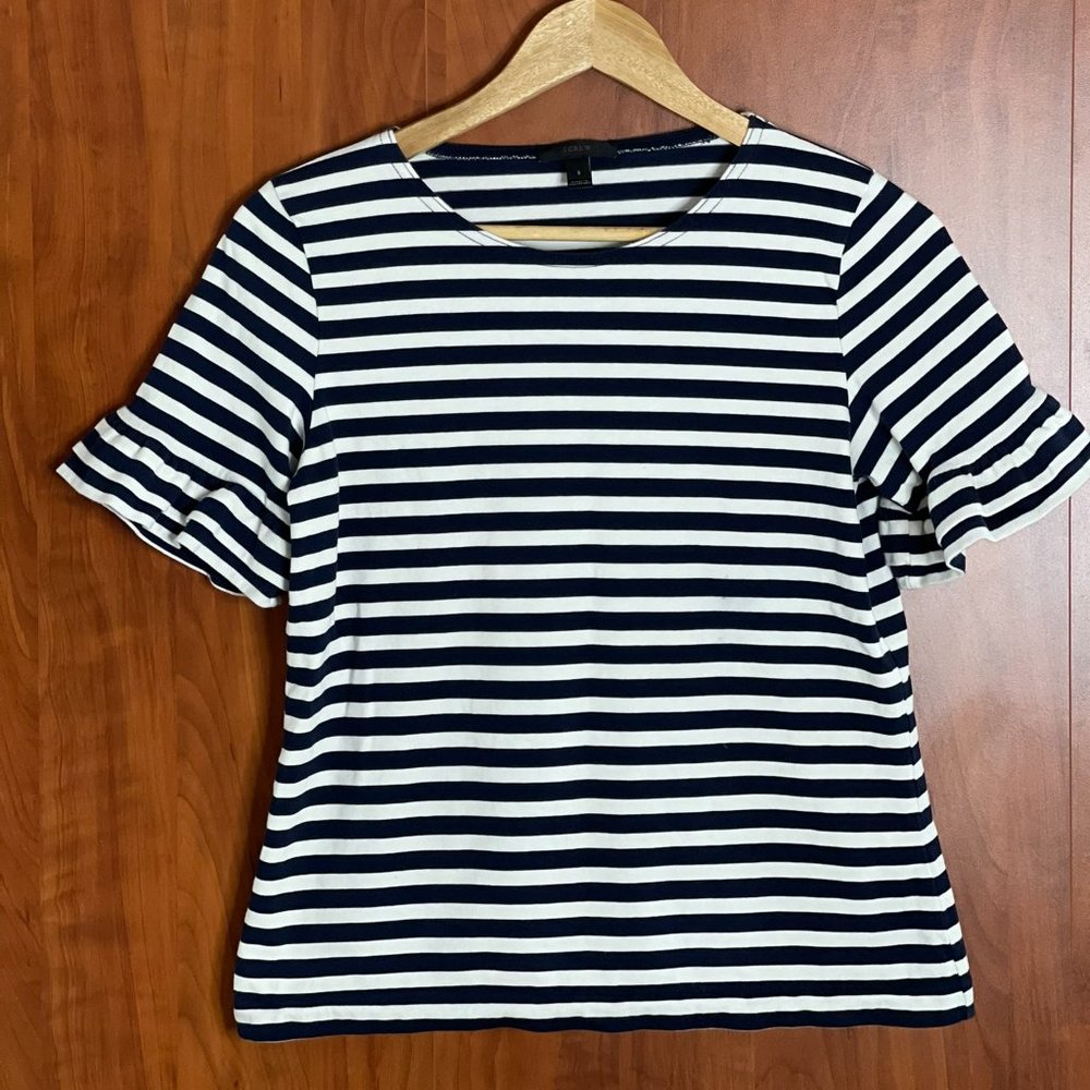 J. Crew Navy and White Ruffle Short Sleeve Top